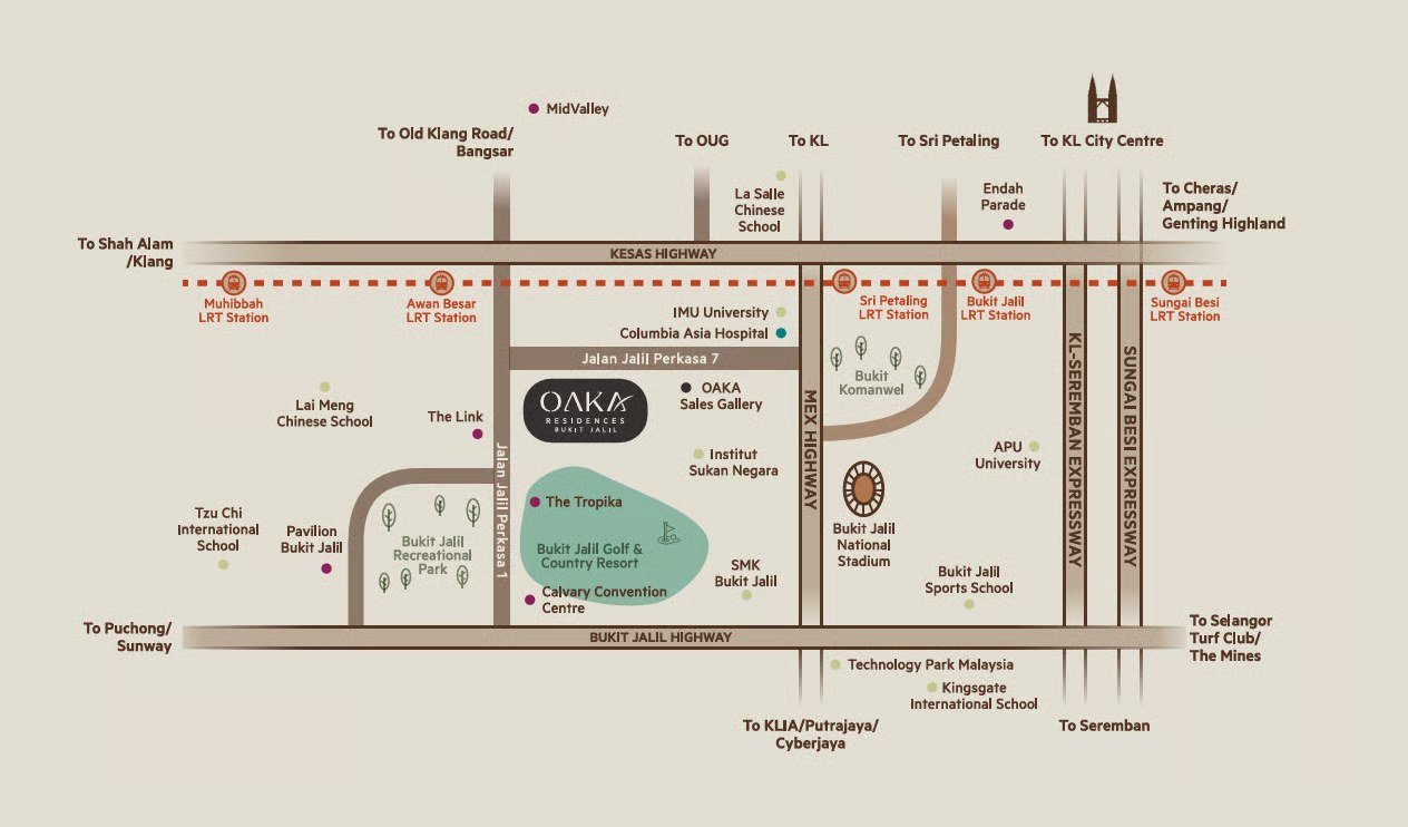 OAKA Residences Bukit Jalil location map showing nearby healthcare, education, leisure and highway connections