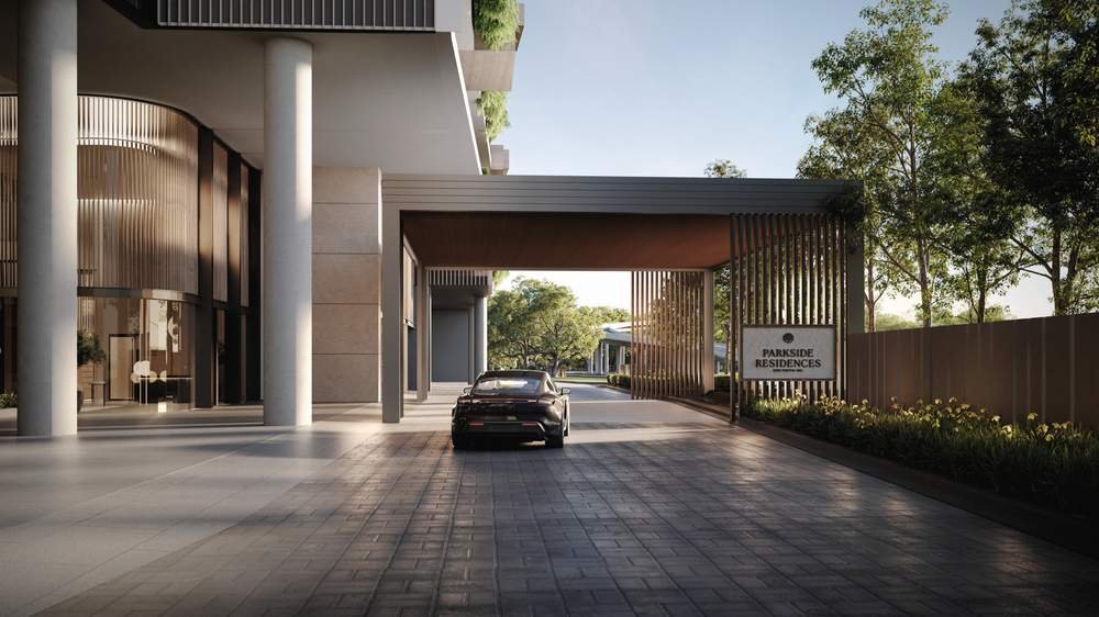 Parkside Residences drop-off area with garden terrace and water feature
