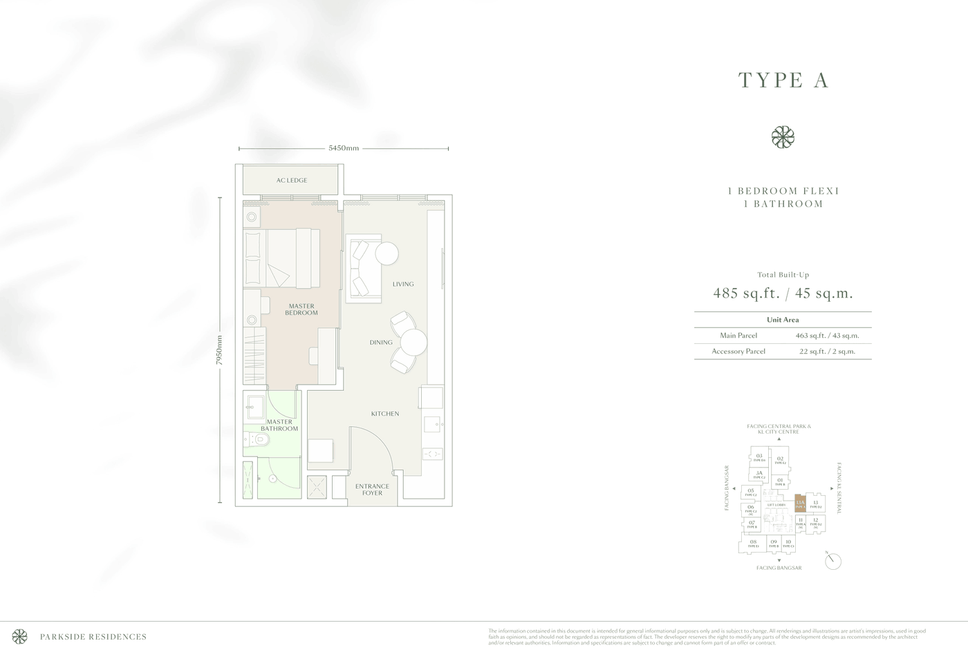 Parkside Residences Type A floor plan, 485 sq ft, 1 bedroom flexi