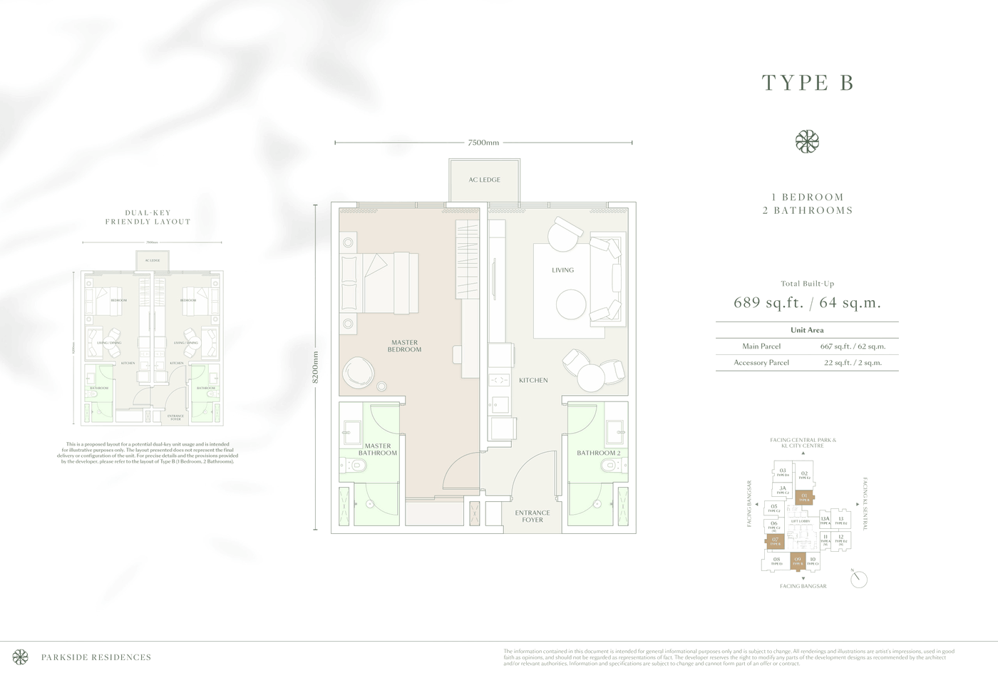 Parkside Residences Type B floor plan, 689 sq ft, 1 bedroom, dual-key friendly