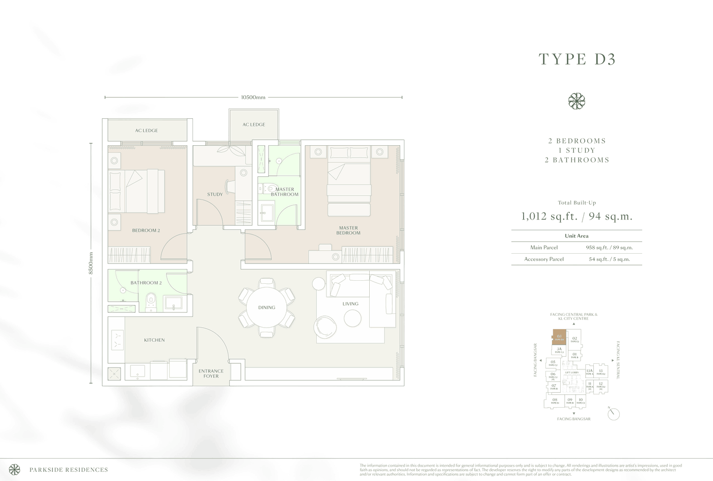 Parkside Residences Type D3 floor plan, 1012 sq ft, 2 bedrooms plus study