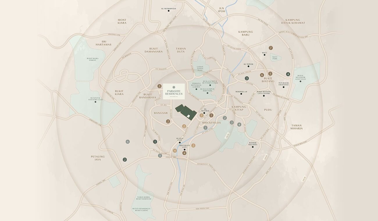 Parkside Residences Setia Federal Hill location map showing distance rings to KLCC, Bangsar, KL Sentral, Mid Valley and Bukit Bintang