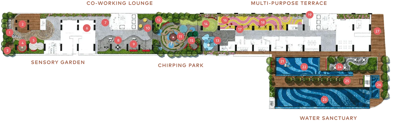 Quaver Residence Seri Kembangan facilities plan showing Sensory Garden, Chirping Park, Co-Working Lounge and Water Sanctuary zones