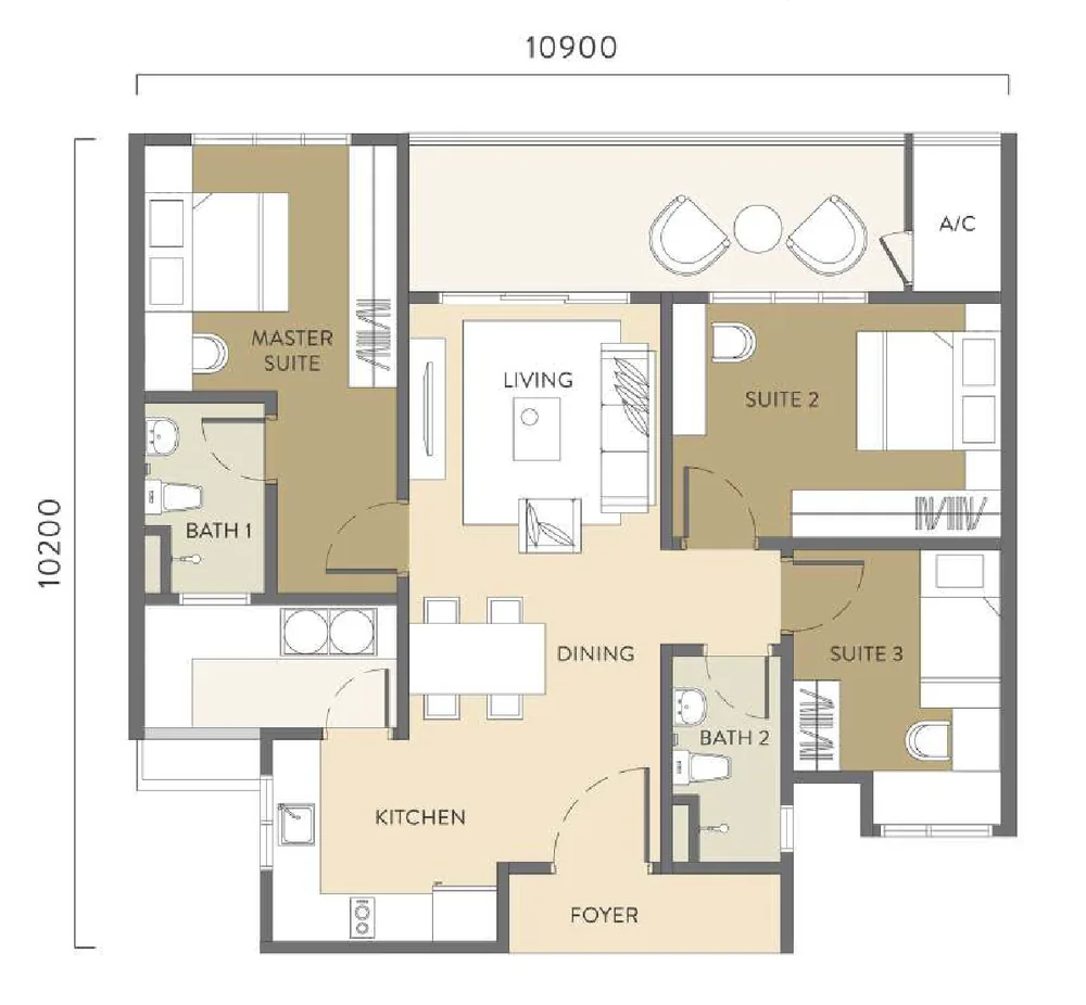 Quaver Residence Type A floor plan 1,110 sq ft 3 bedrooms