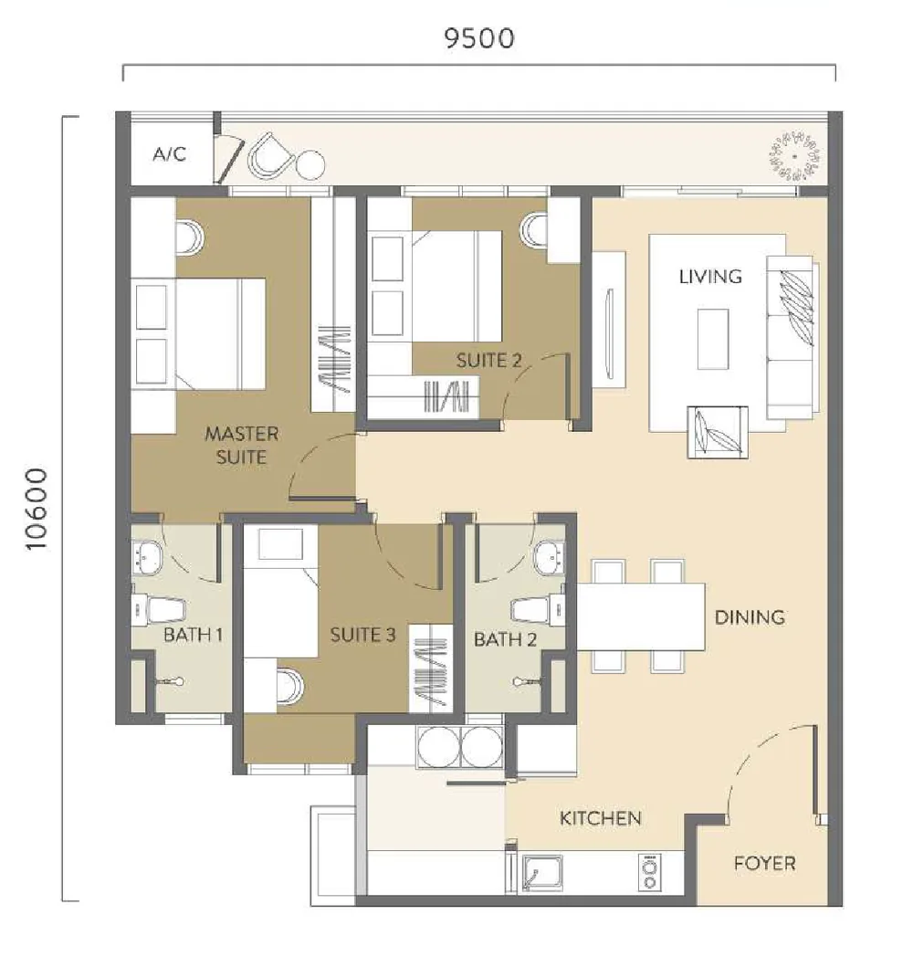 Quaver Residence Type B floor plan 1,023 sq ft 3 bedrooms