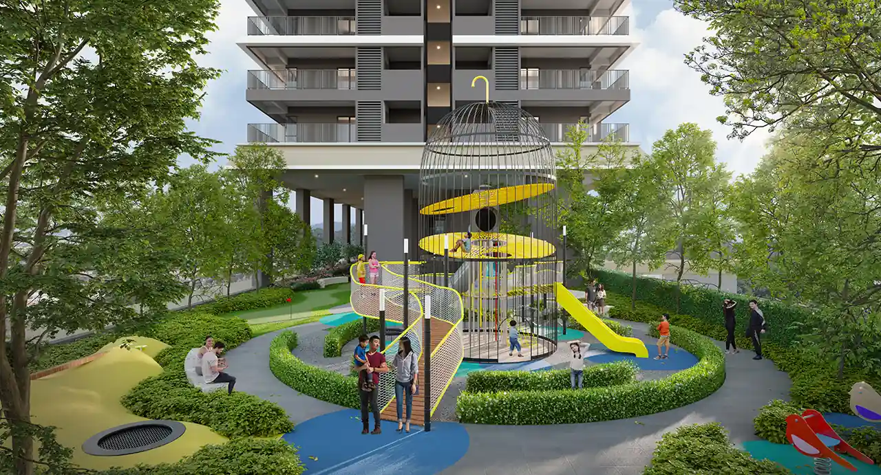 Quaver Residence Chirping Park children's playground with birdcage feature