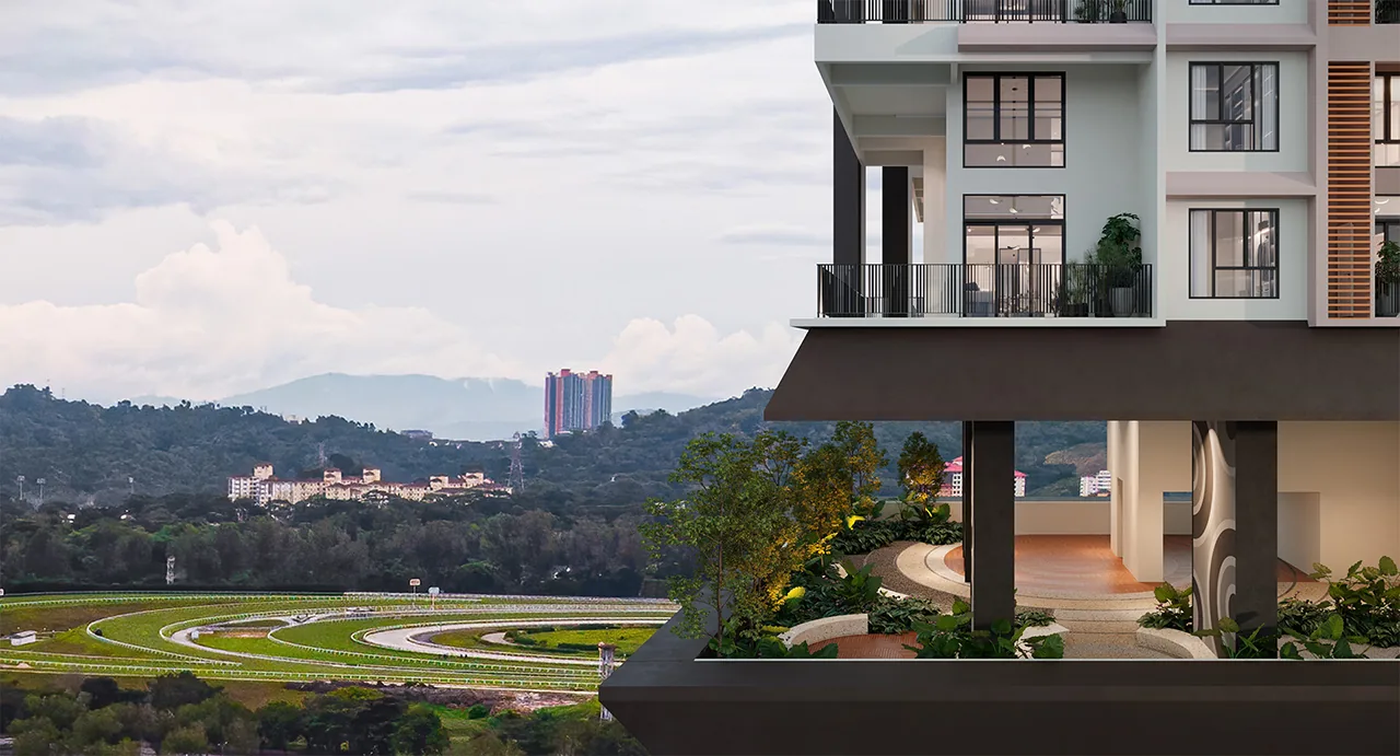 Quaver Residence twin towers with Mines Golf Course view in foreground