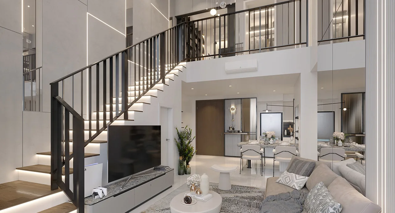 Quaver Residence duplex living room with 20ft double-volume ceiling and staircase