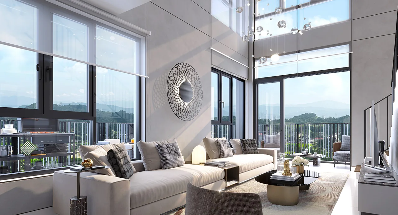 Quaver Residence spacious duplex upper-floor living room with floor-to-ceiling windows