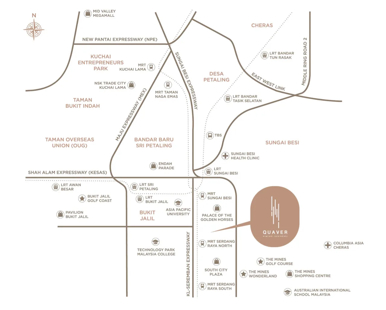 Quaver Residence Seri Kembangan location map showing MRT, The Mines, Pavilion Bukit Jalil, Technology Park Malaysia and major expressways