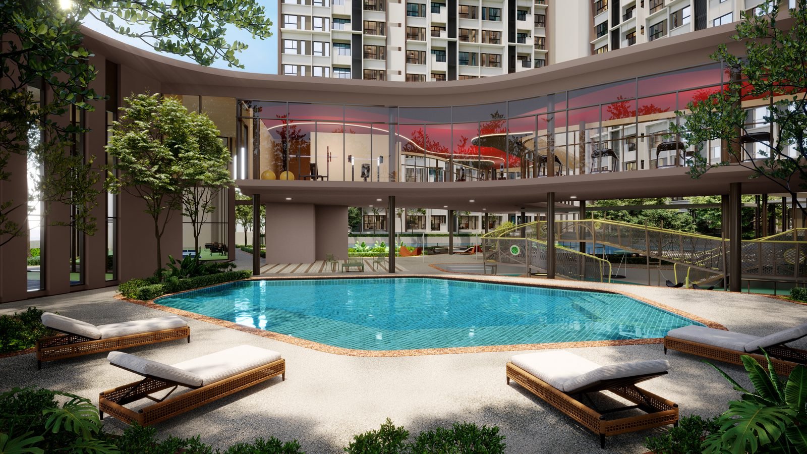 The Queenswoodz Bukit Jalil gymnasium overlooking the pool