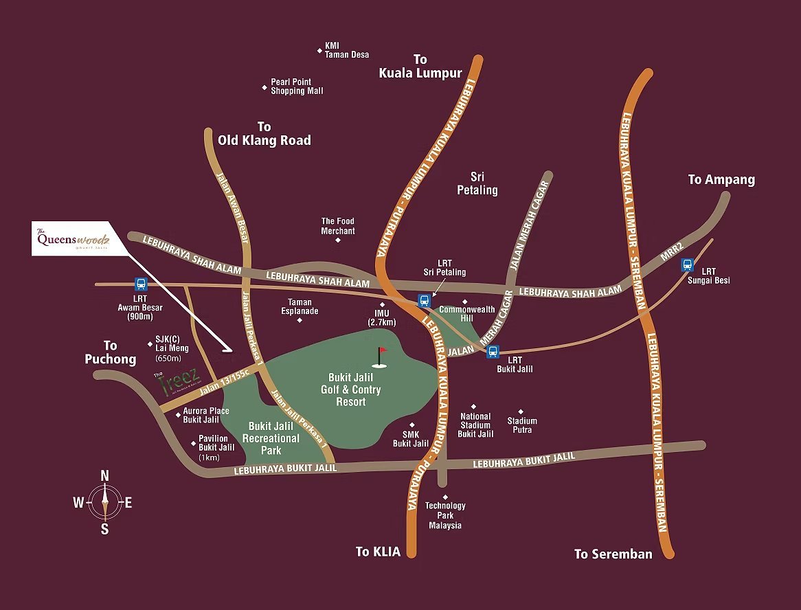 The Queenswoodz Bukit Jalil location map showing Awan Besar LRT, Pavilion Bukit Jalil, the recreational park and golf course, and the KESAS, MEX and Bukit Jalil highways