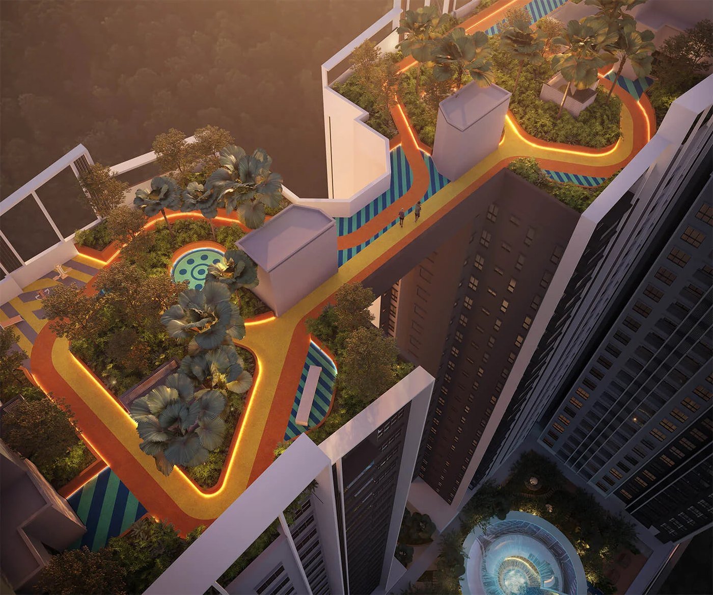 Trinity Rainfora rooftop sky gardens aerial view at dusk