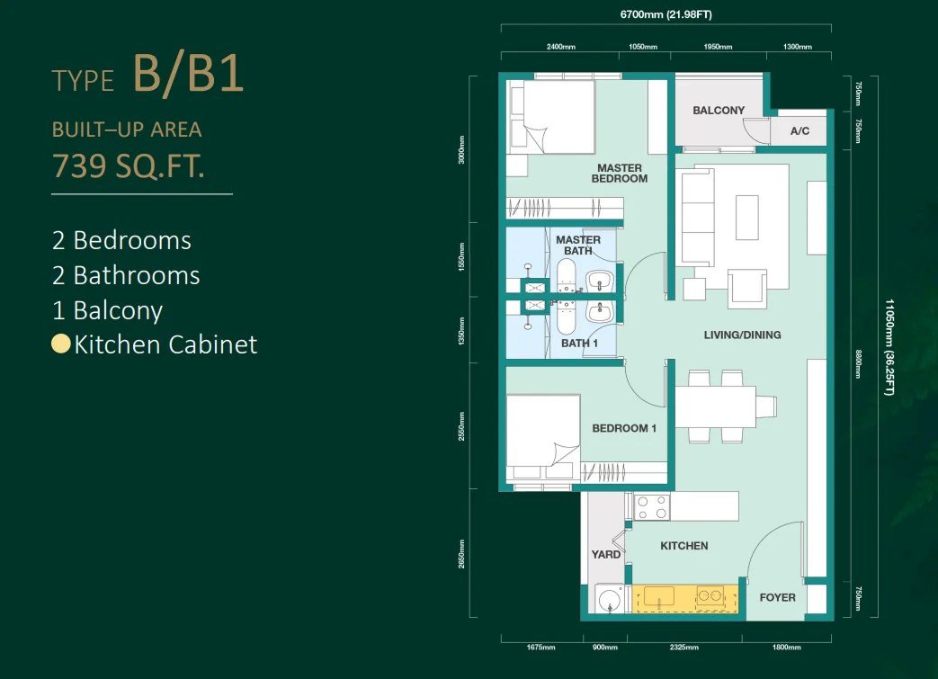 Trinity Rainfora Type B/B1 floor plan — 739 sq ft, 2 bedrooms, 2 bathrooms, 1 balcony, with living, dining, kitchen and yard