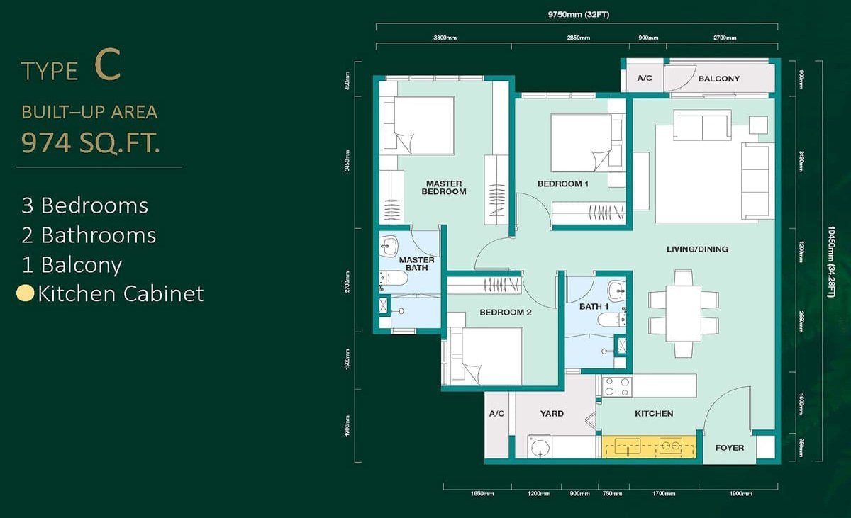 Trinity Rainfora Type C floor plan — 974 sq ft, 3 bedrooms, 2 bathrooms, 1 balcony, with living, dining, kitchen and yard