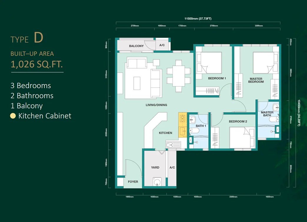 Trinity Rainfora Type D floor plan — 1,026 sq ft, 3 bedrooms, 2 bathrooms, 1 balcony, with a spacious living and dining