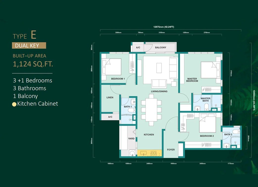 Trinity Rainfora Type E dual-key floor plan — 1,124 sq ft, 3+1 bedrooms, 3 bathrooms, 1 balcony, with a separate studio suite