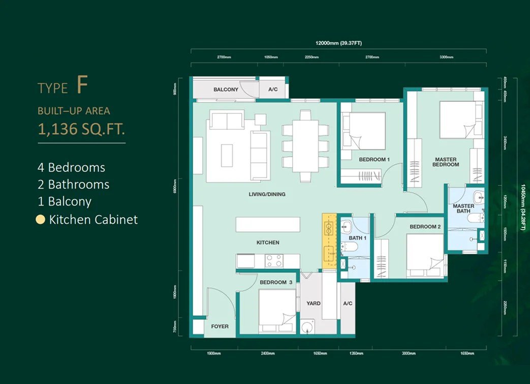 Trinity Rainfora Type F floor plan — 1,136 sq ft, 4 bedrooms, 2 bathrooms, 1 balcony