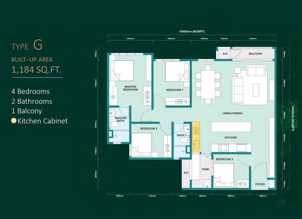 Trinity Rainfora Type G floor plan — 1,184 sq ft, 4 bedrooms, 2 bathrooms, 1 balcony, the largest layout