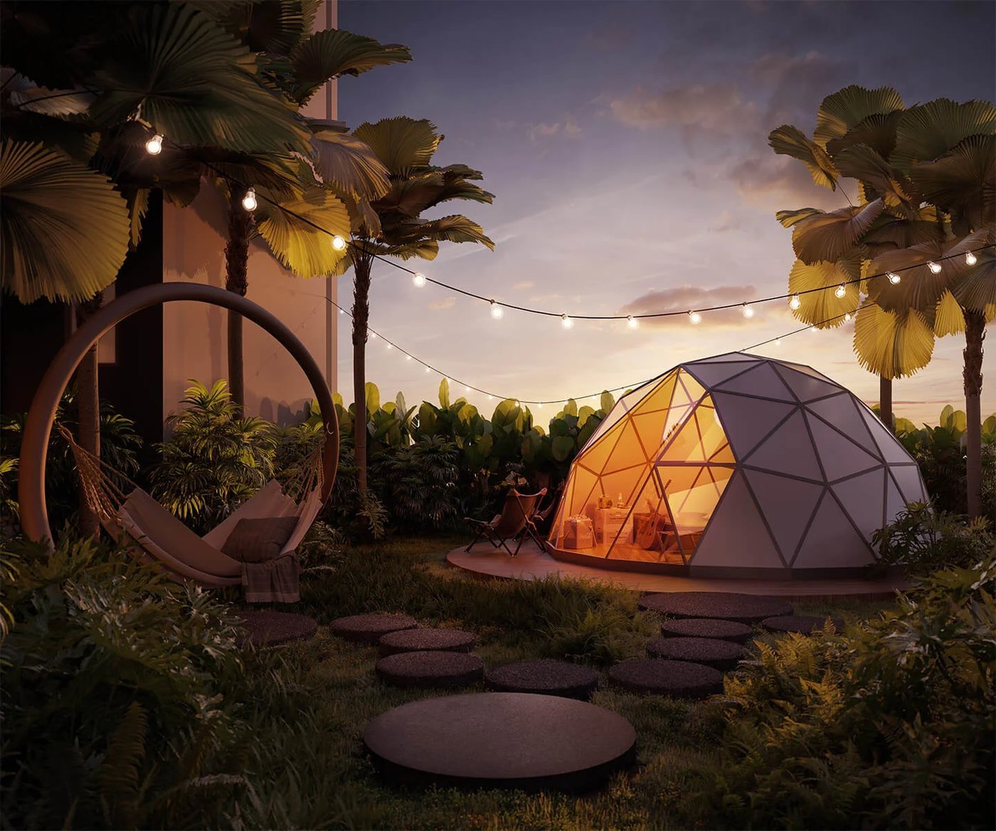 Trinity Rainfora glamping forest with dome and hammock at dusk