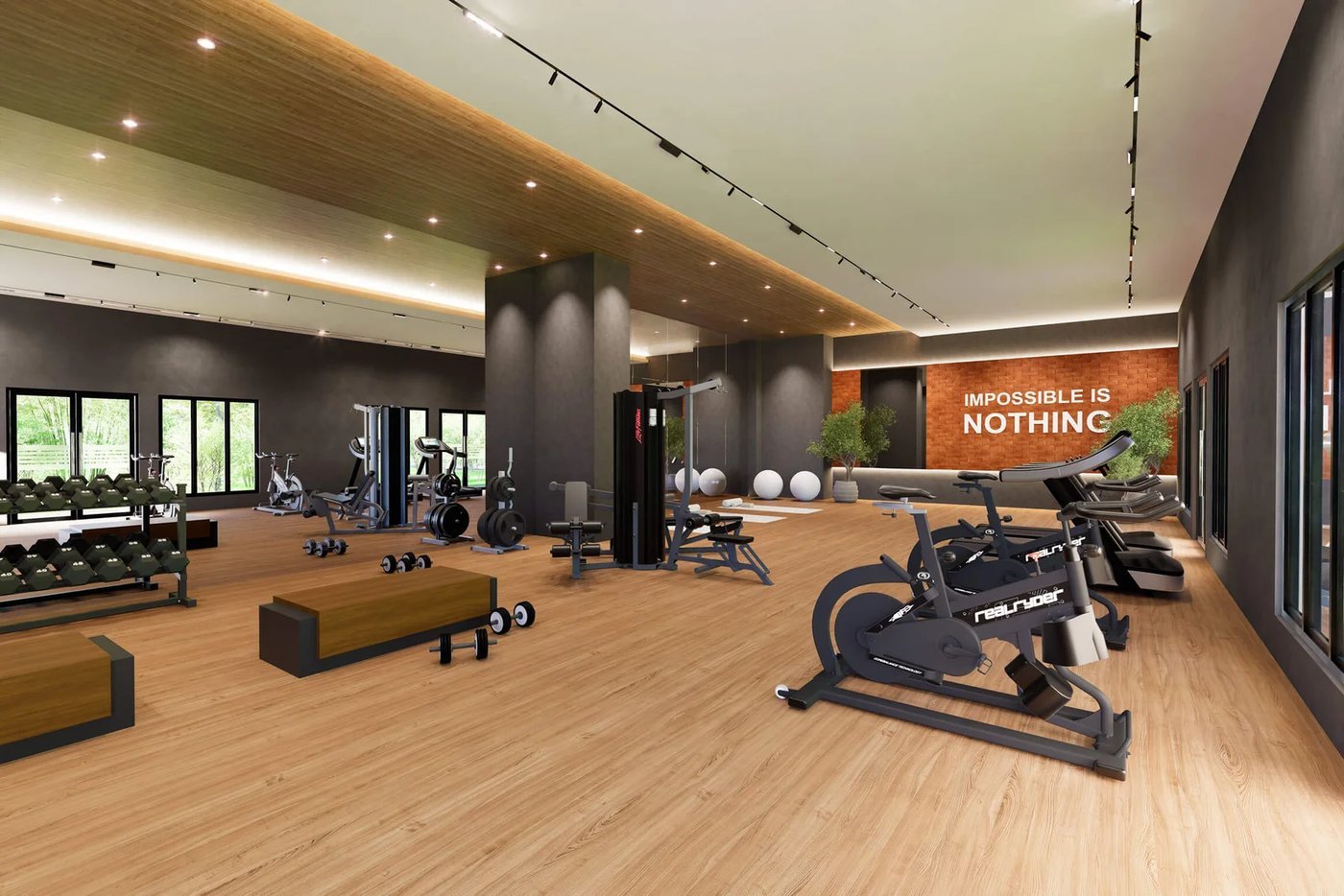 Trinity Rainfora gymnasium with wood floors and city outlook