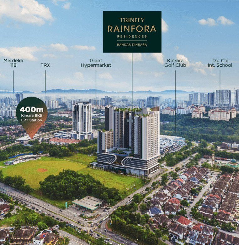 Trinity Rainfora Bandar Kinrara location aerial showing 400m to Kinrara BK5 LRT, Giant Hypermarket, Kinrara Golf Club, Merdeka 118 and TRX