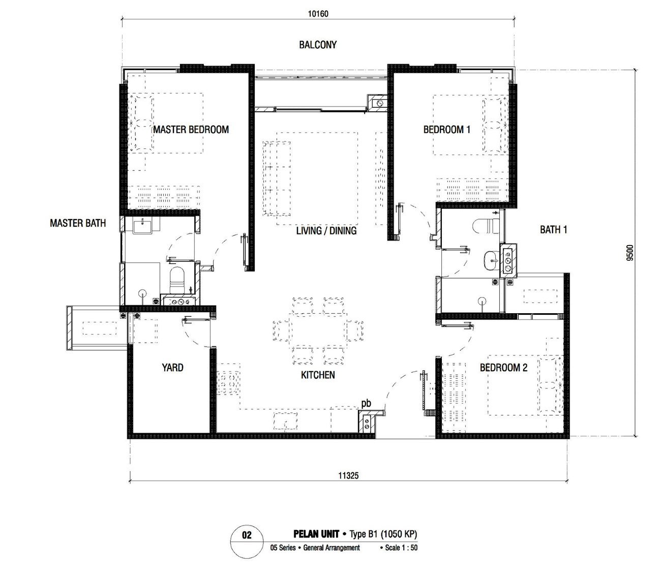 Ren Residence Type B1 floor plan 1050 sq ft