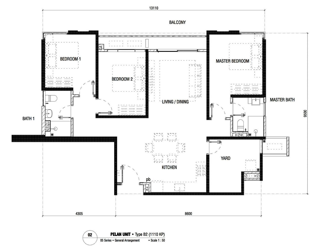 Ren Residence Type B2 floor plan 1110 sq ft