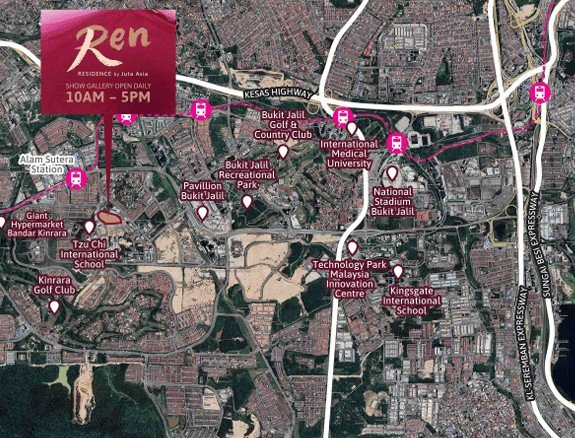 Ren Residence Bukit Jalil location map showing Alam Sutera LRT, Pavilion Bukit Jalil, Bukit Jalil Golf and Country Club and the National Stadium