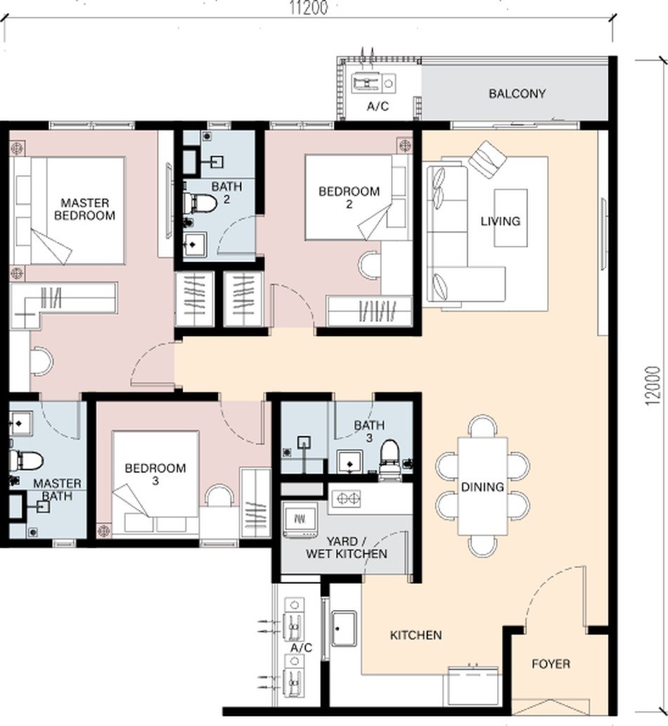 RIA Sunsuria Type A floor plan — 1,195 sq ft, 3 bedrooms, 3 bathrooms, balcony