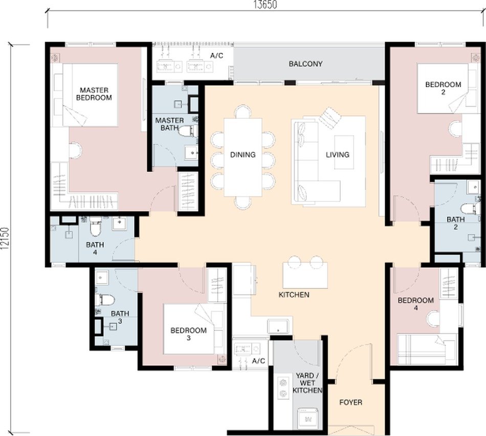 RIA Sunsuria Type B floor plan — 1,486 sq ft, 4 bedrooms, 4 bathrooms, balcony