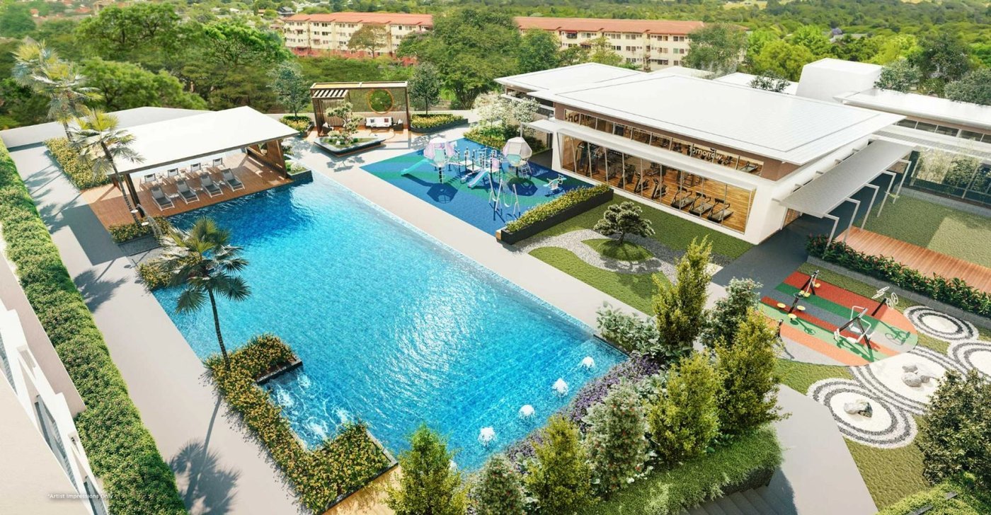 Riverville 2 Residences aerial view of the facilities deck with pool, playground and gym