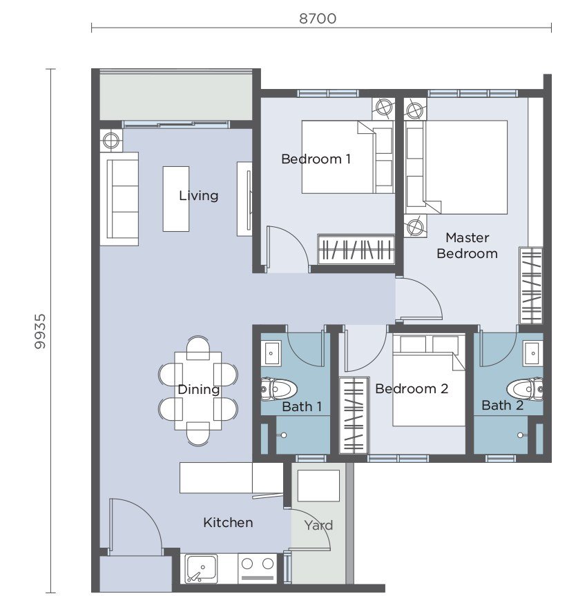 Riverville 2 Residences Type A floor plan — 803 sq ft, 3 bedrooms, 2 bathrooms, with living, dining, kitchen, yard and balcony