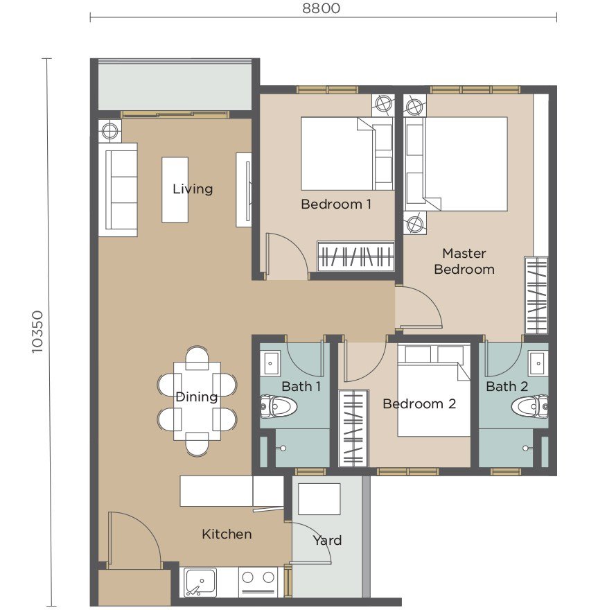 Riverville 2 Residences Type B floor plan — 851 sq ft, 3 bedrooms, 2 bathrooms, with living, dining, kitchen, yard and balcony