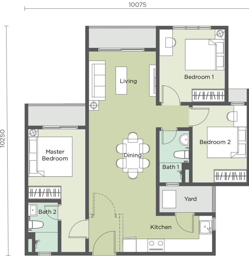 Riverville 2 Residences Type C floor plan — 915 sq ft, 3 bedrooms, 2 bathrooms, with a separated master bedroom, living, dining, kitchen and yard