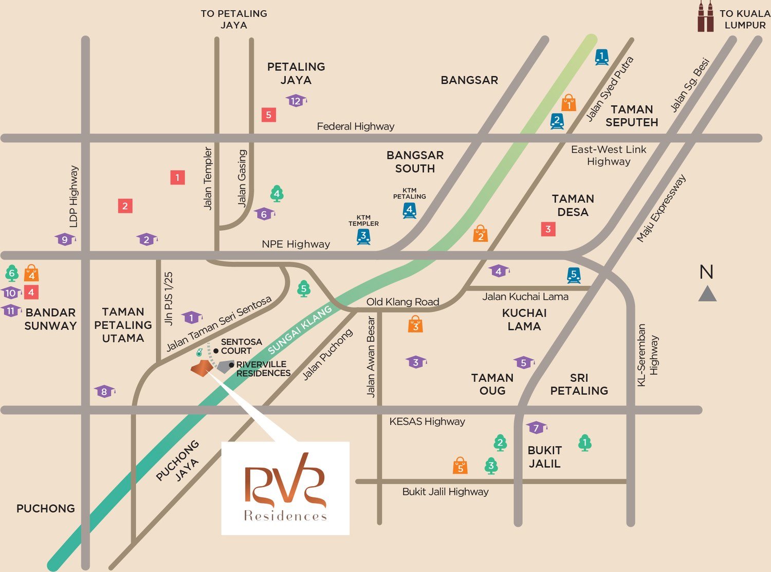 Riverville 2 Residences location map showing Old Klang Road, the Sungai Klang, Bangsar South, Taman Desa and surrounding highways