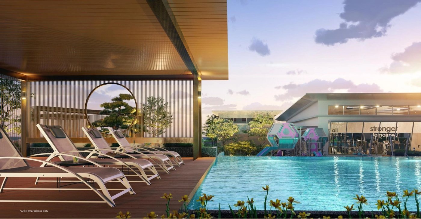 Riverville 2 Residences swimming pool and sun-lounger deck at dusk
