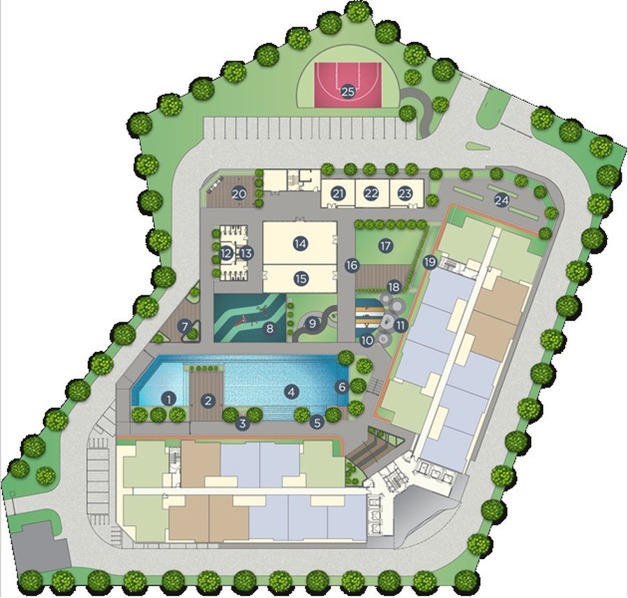 Riverville 2 Residences facilities site plan showing the pool, gym, playground, basketball court and gardens