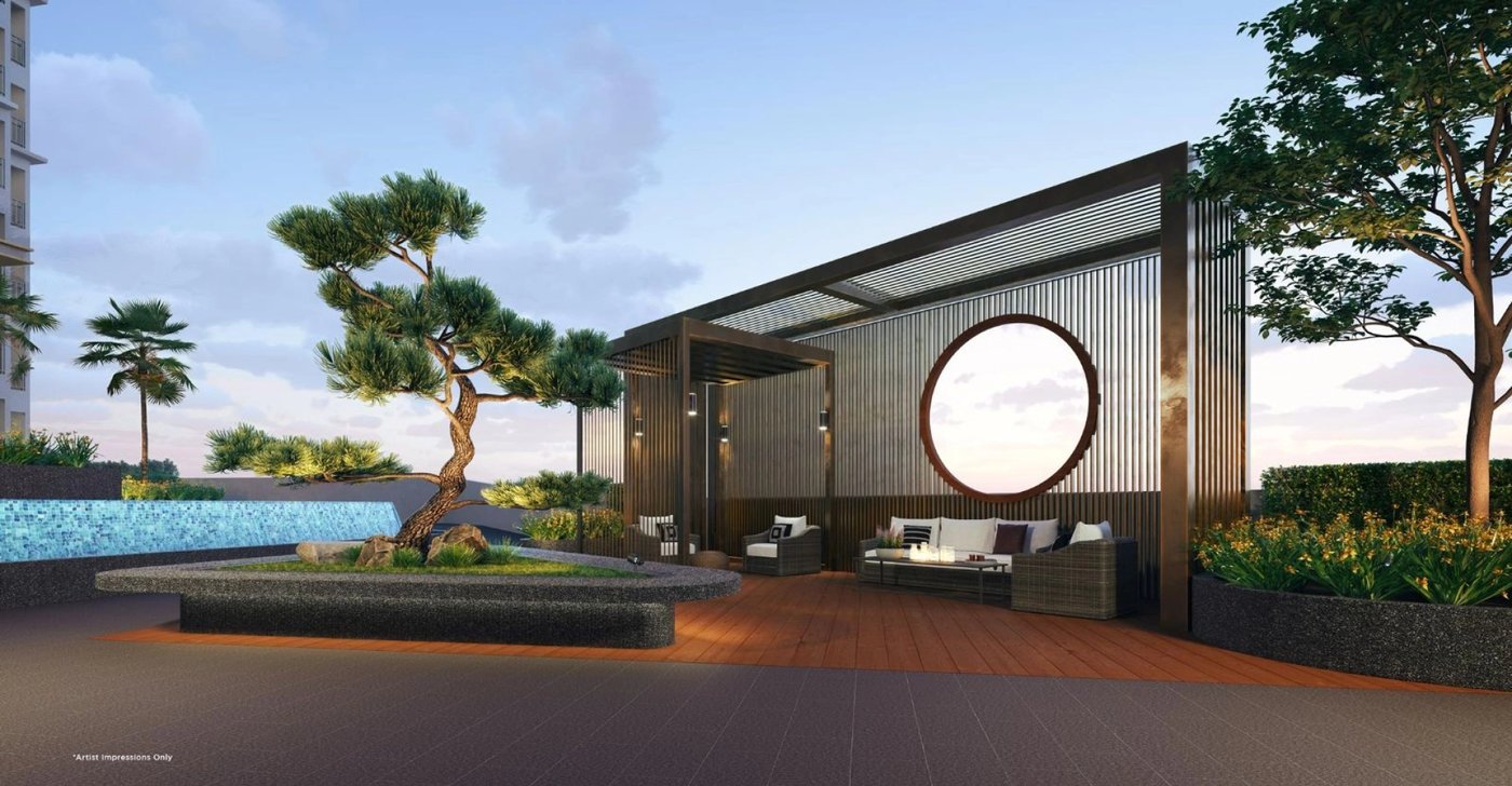 Riverville 2 Residences Zen garden with moon-gate pavilion and reflecting pool