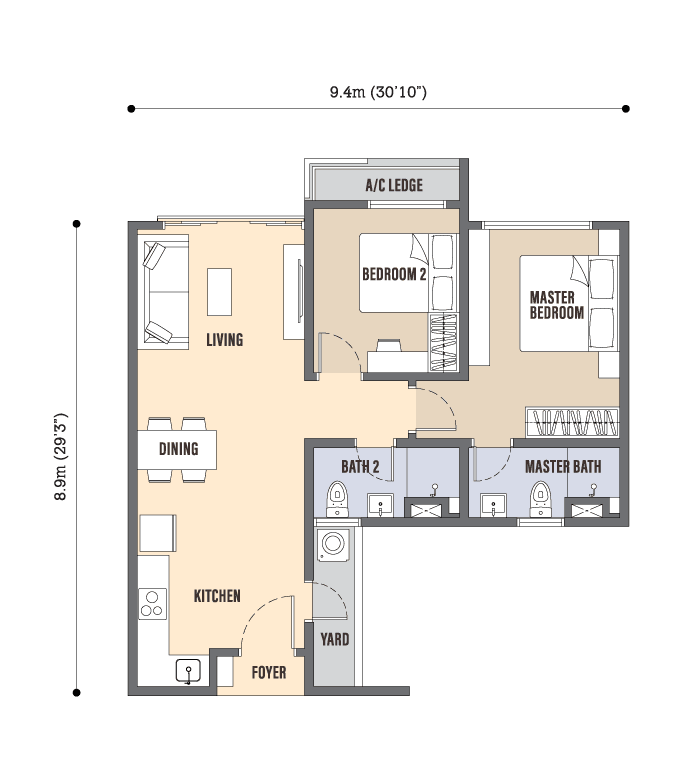 Skyline Kuchai Type B floor plan, 730 sq ft, 2 bedrooms