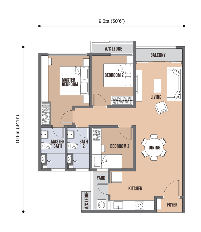 Skyline Kuchai Type C floor plan, 920 sq ft, 3 bedrooms