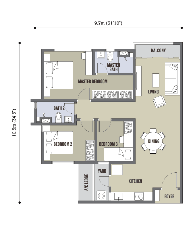 Skyline Kuchai Type D floor plan, 920 sq ft, 3 bedrooms