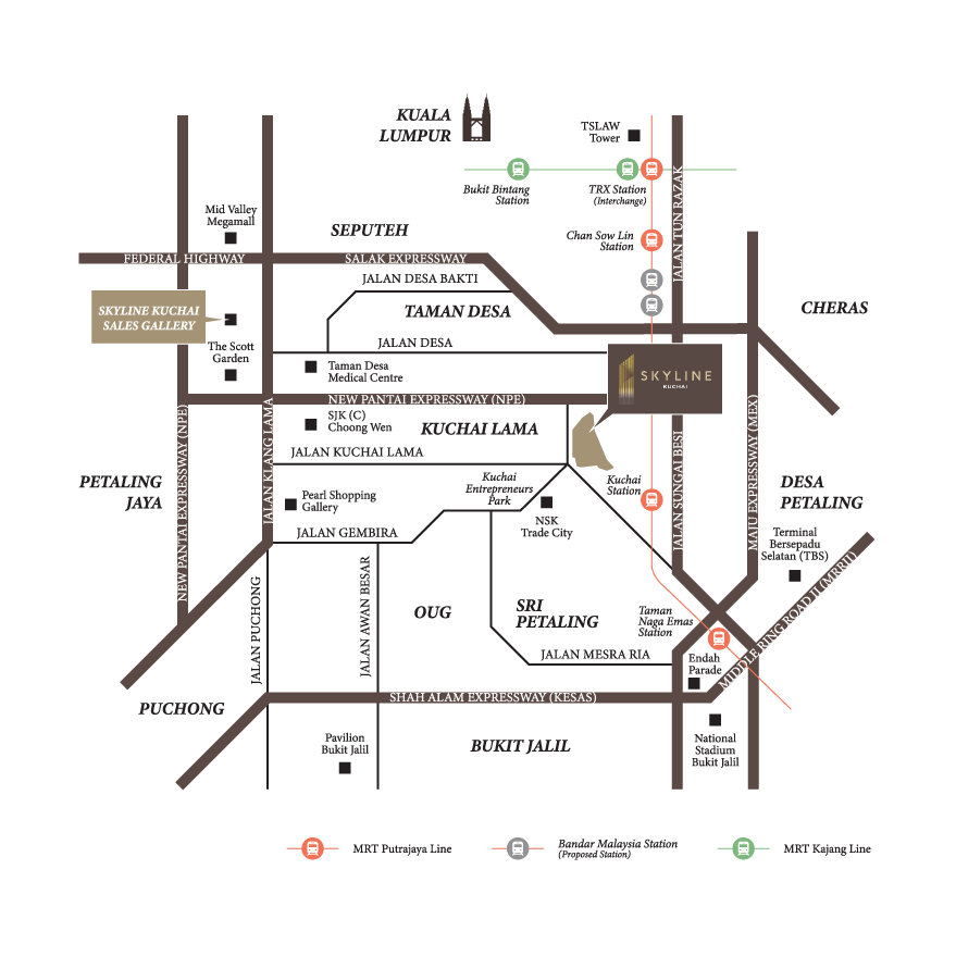 Skyline Kuchai location map showing MRT Kuchai station, TRX interchange, Chan Sow Lin, Bukit Bintang and surrounding Kuala Lumpur landmarks