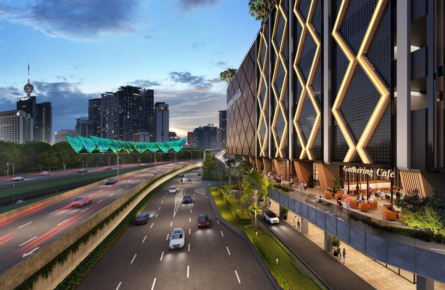 Sutera Suites KL City Gateway street-level facade at dusk beside the AKLEH highway