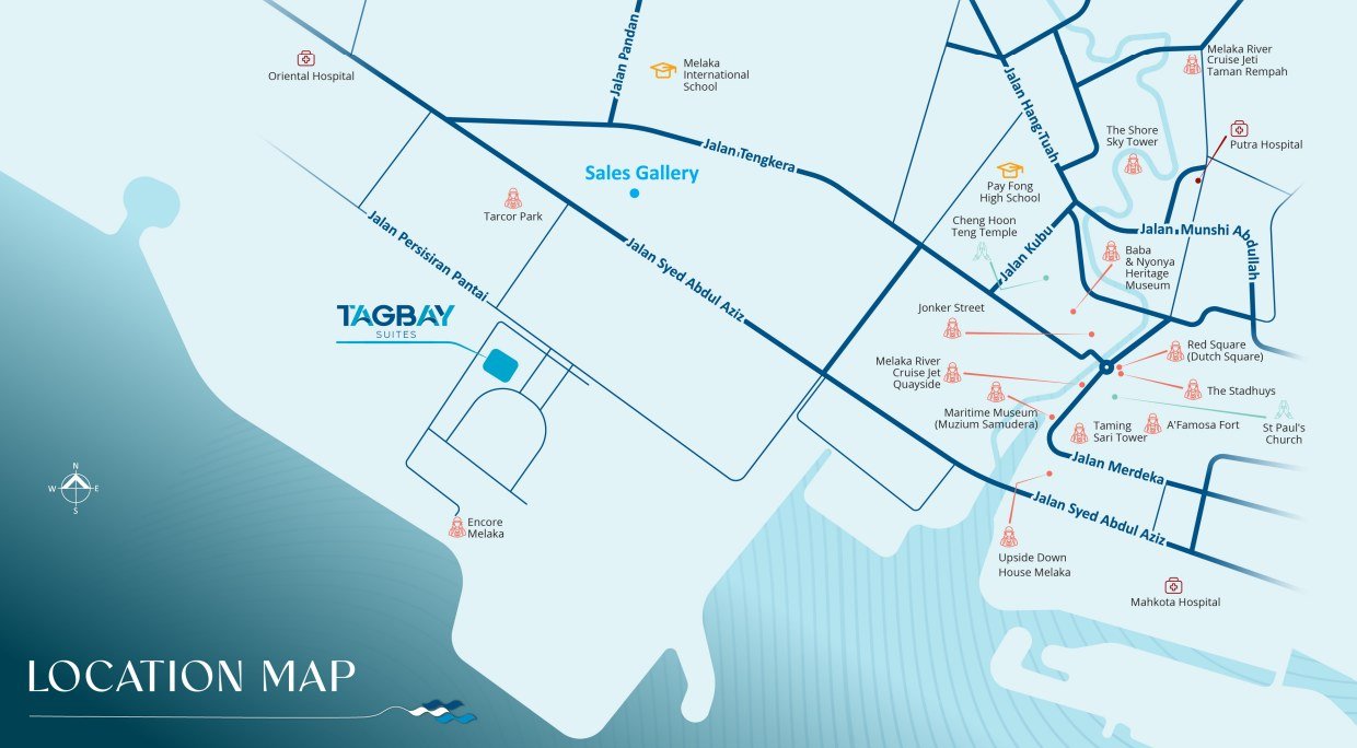 TagBay Suites Melaka location map showing the coastal setting near Jonker Street, the Dutch Square, A'Famosa and the Melaka waterfront