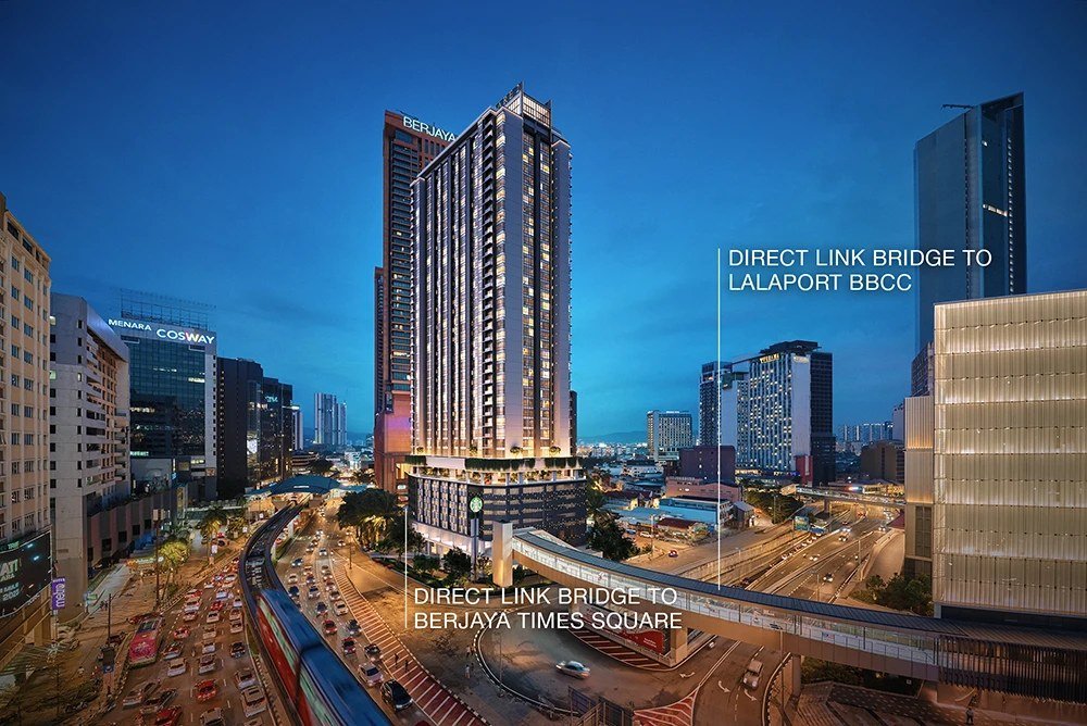 Times Square 2 Bukit Bintang tower facade showing the direct link bridges to Berjaya Times Square and LaLaport BBCC