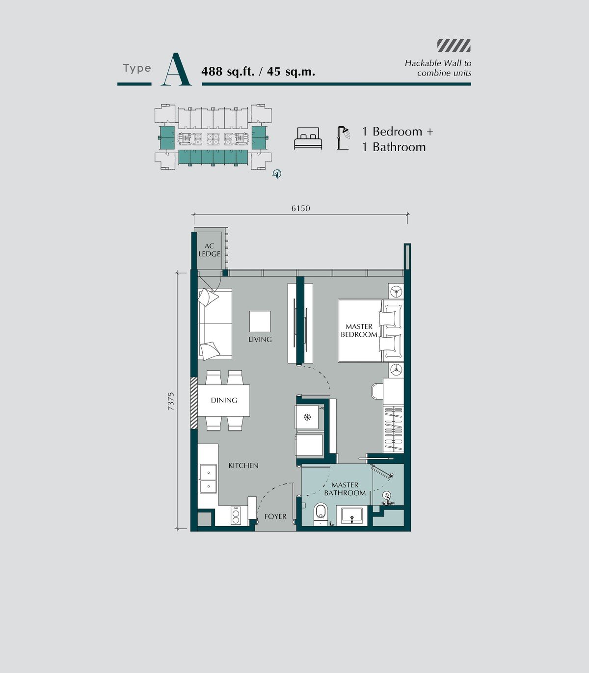 Times Square 2 Bukit Bintang Type A floor plan — 488 sq ft, 1 bedroom, 1 bathroom