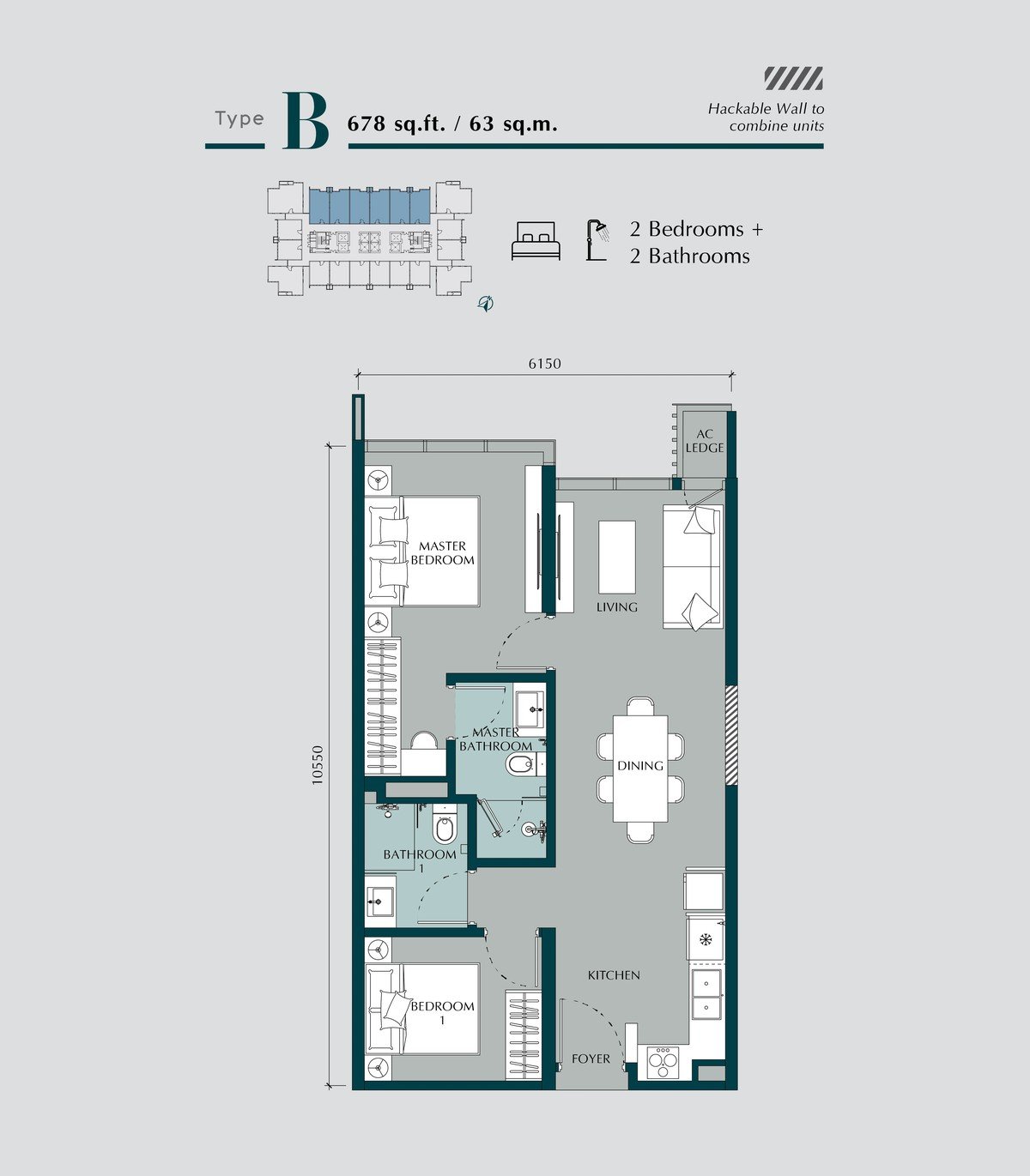 Times Square 2 Bukit Bintang Type B floor plan — 678 sq ft, 2 bedrooms, 2 bathrooms