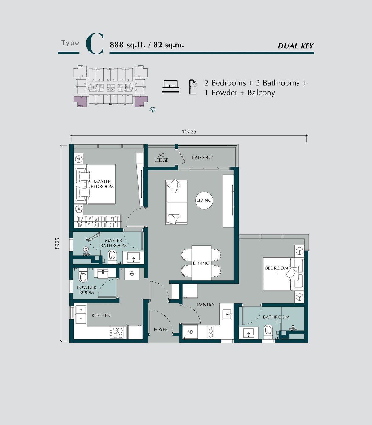 Times Square 2 Bukit Bintang Type C dual-key floor plan — 888 sq ft, 2 bedrooms, 2 bathrooms, powder room and balcony