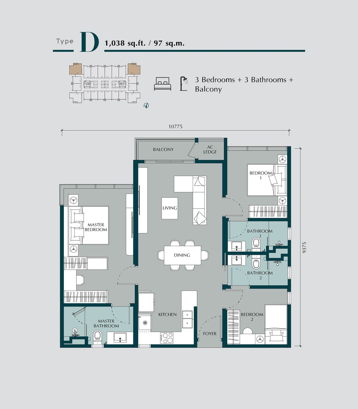 Times Square 2 Bukit Bintang Type D floor plan — 1,038 sq ft, 3 bedrooms, 3 bathrooms, balcony